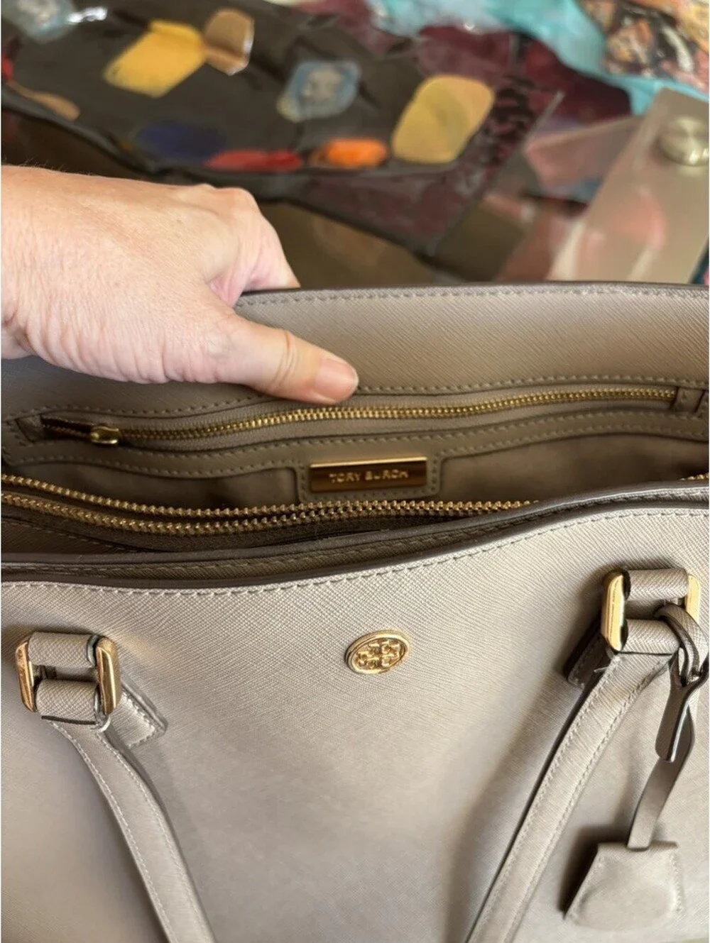 Tory Burch Slate Gray Saffiano Leather Large Tote Shoulder Bag - As Is